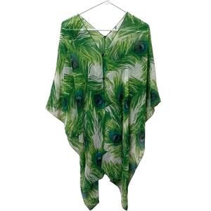 ZURY Lightweight Semi Sheer Colorful Peacock Summer Top Beach Cover Up One Size